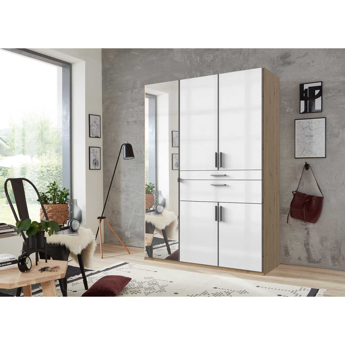 Armoire blanche et chêne 5 portes et 2 tiroirs 135 cm