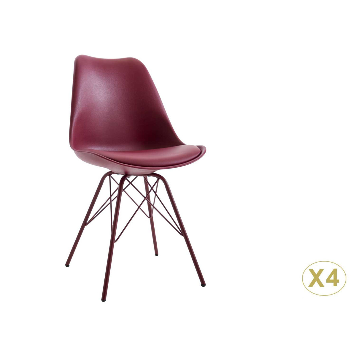 Chaises scandinave rouge bordeaux coque en pvc et pieds métal