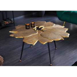 Table basse feuille de ginkgo en métal doré et pieds noir