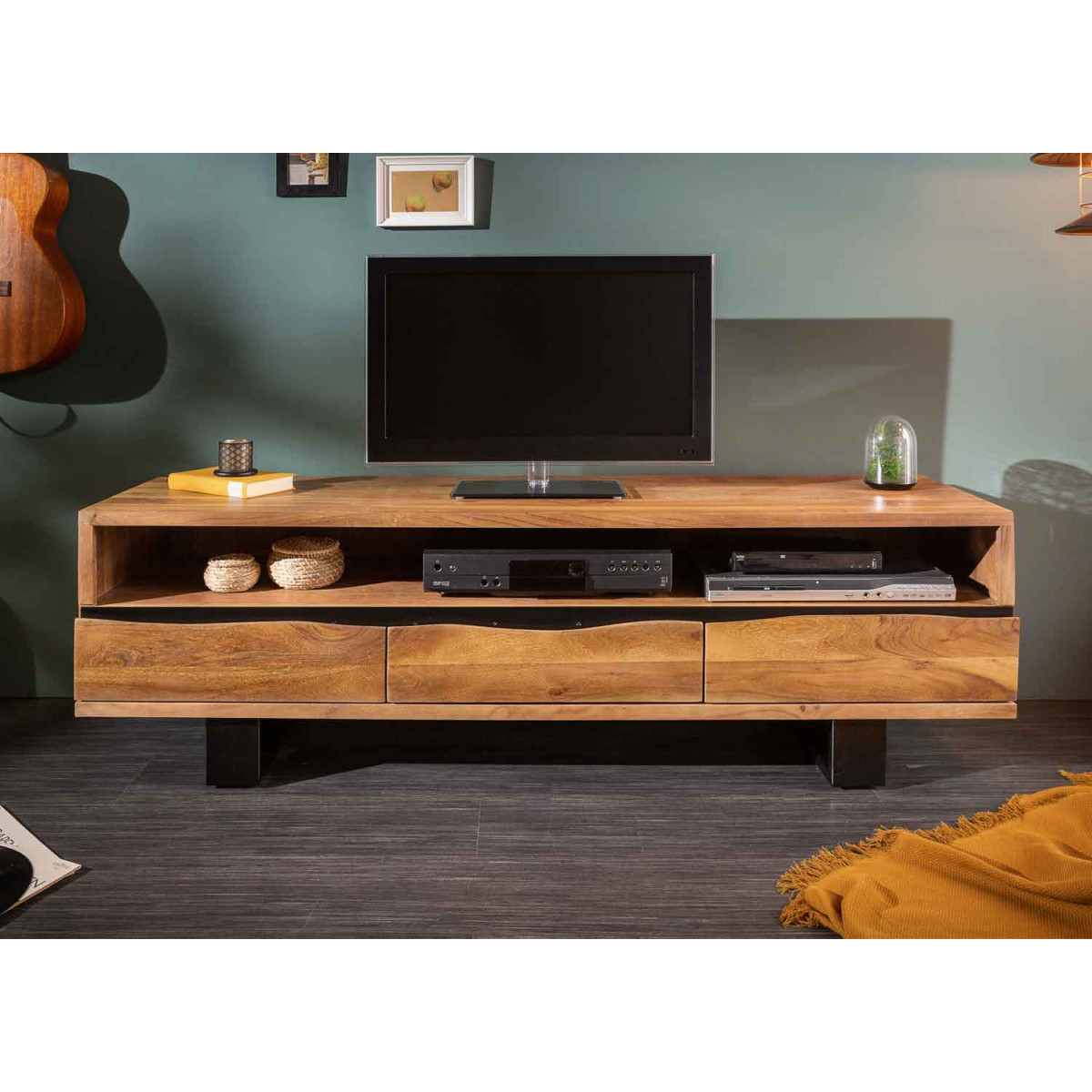 Meuble télé en bois d'acacia miel et métal noir