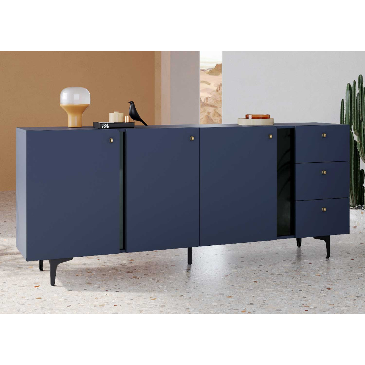 Buffet design bleu 3 portes et 3 tiroirs