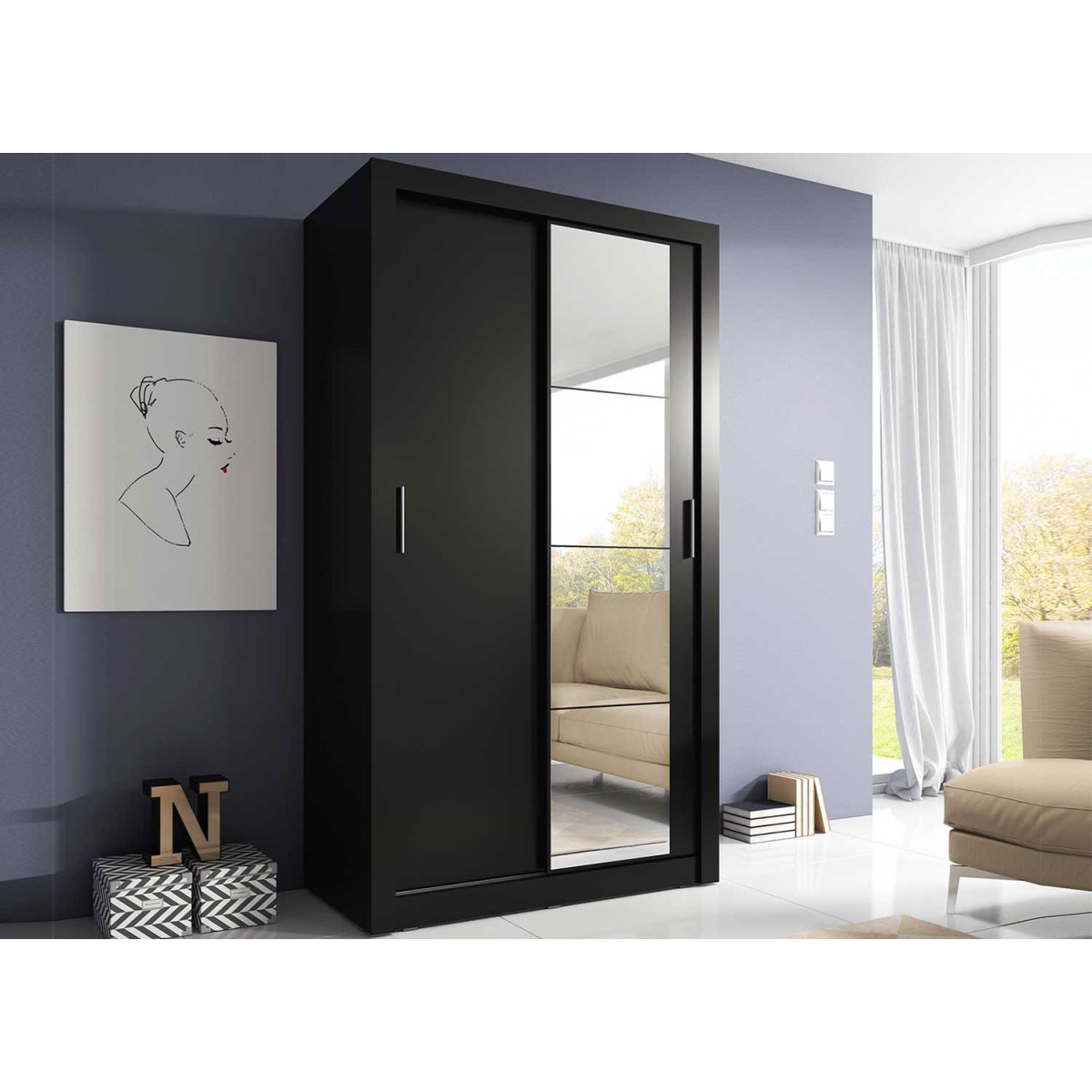 Armoire noire 120 cm 2 portes coulissantes