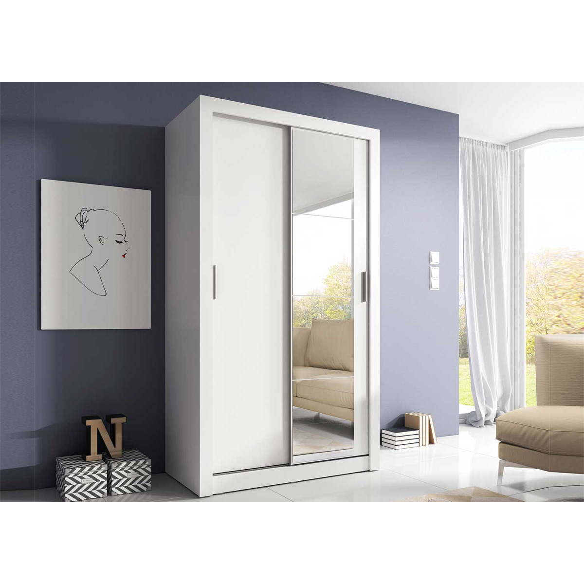 Armoire blanche 120 cm 2 portes coulissantes