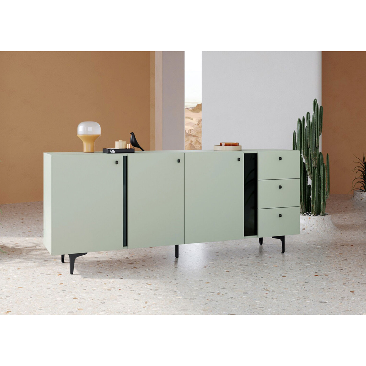 Buffet design vert sauge 3 portes et 3 tiroirs