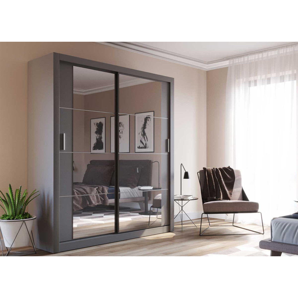 Armoire portes coulissantes miroirs 180 cm grise