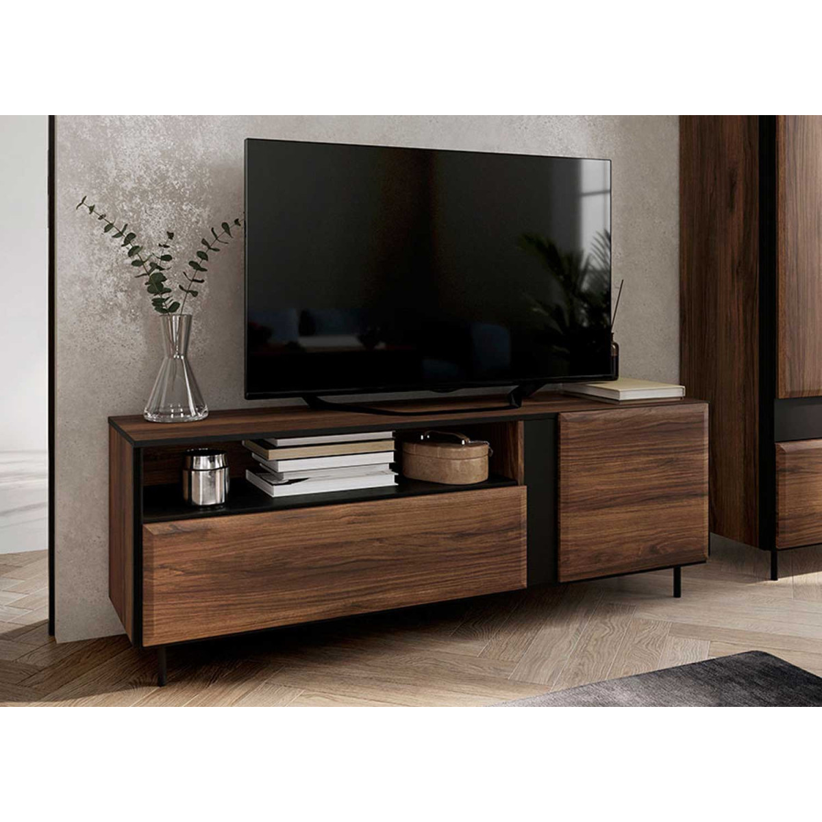 Meuble TV 2 portes et 1 niche chêne foncé et noir 155 cm