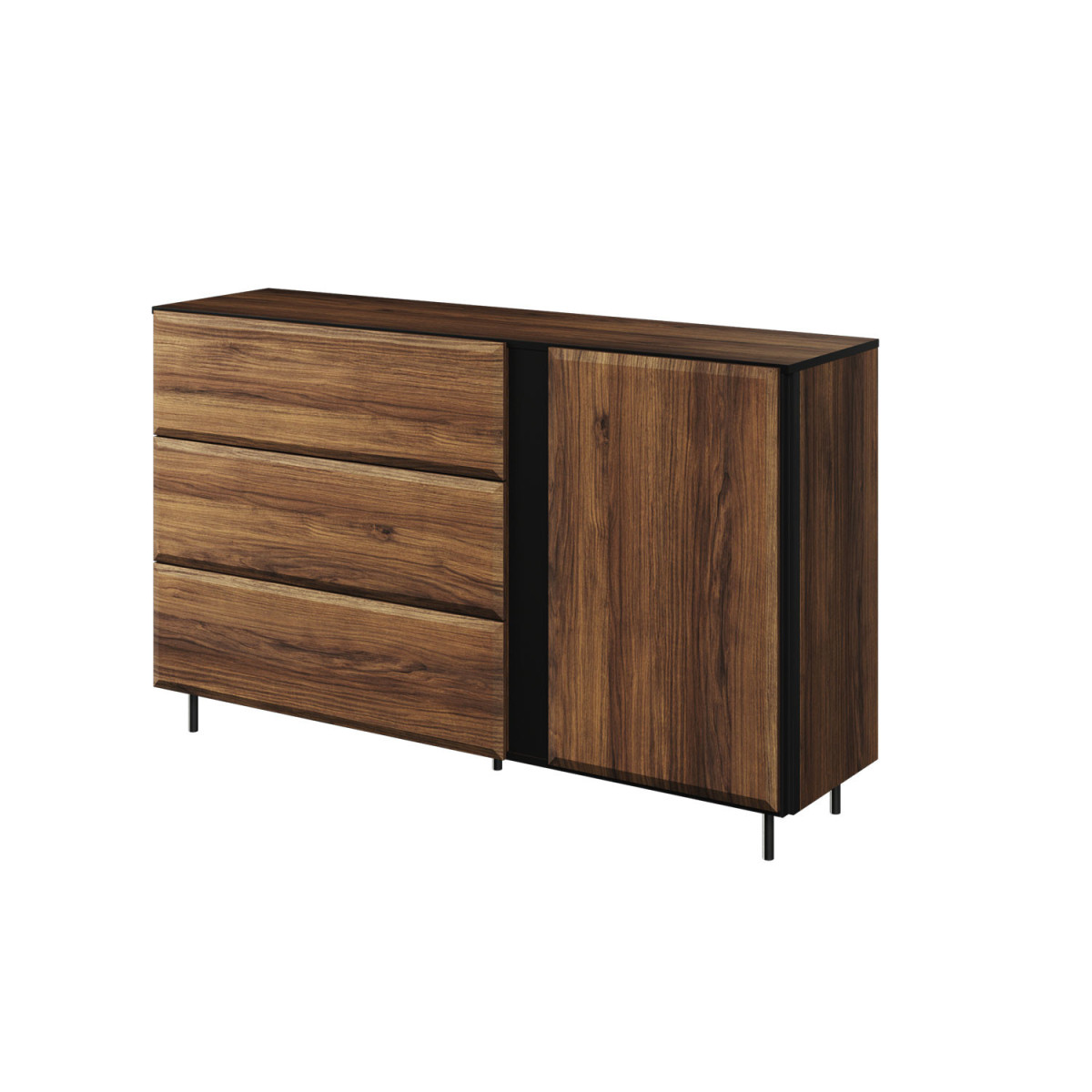 Buffet 3 tiroirs et 1 porte chêne foncé et noir 150 cm