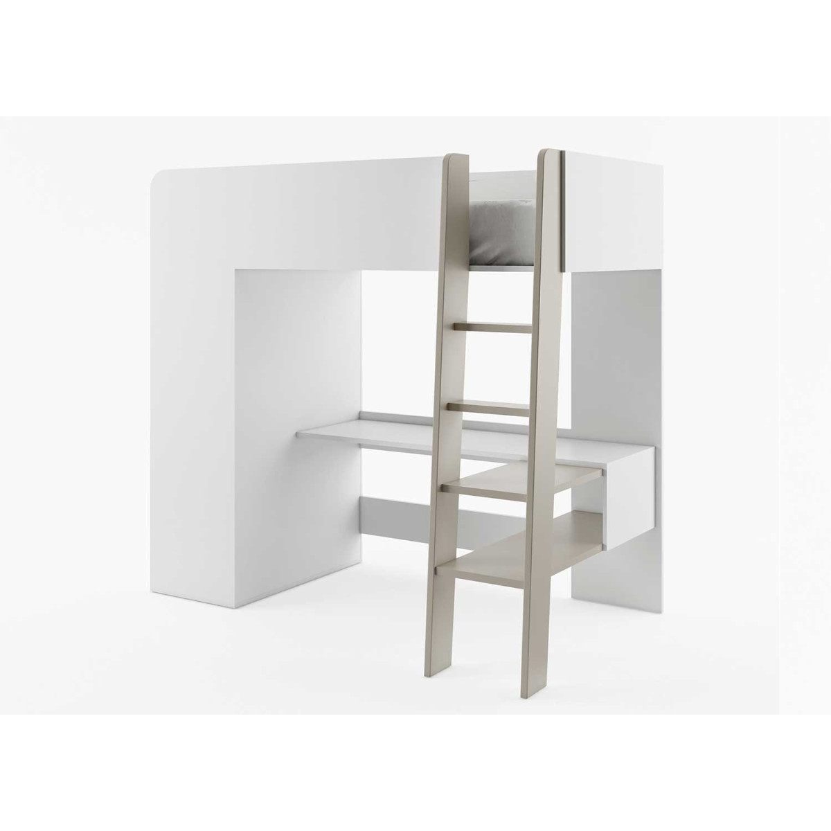 Lit mezzanine bureau, armoire et matelas taupe beige 3 en 1