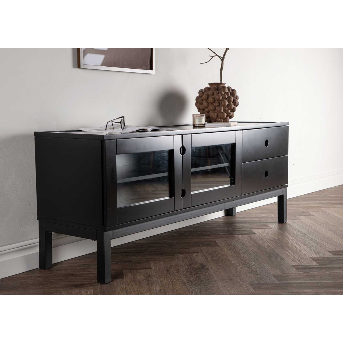 Meuble tv moderne noir 150 cm bois et acier