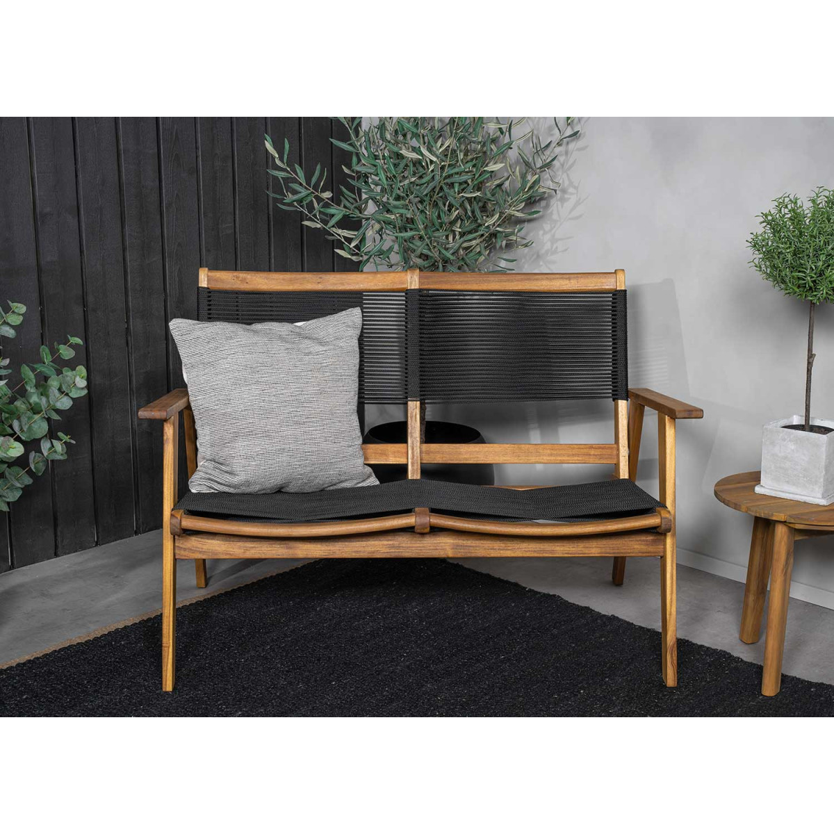 Banc de jardin 2 places 120 cm bois d'acacia et cordage noir