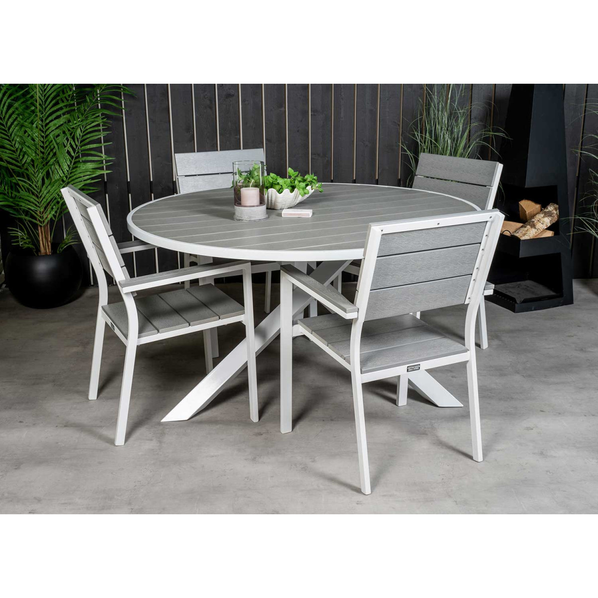 Table de jardin ronde grise et blanche 140 cm