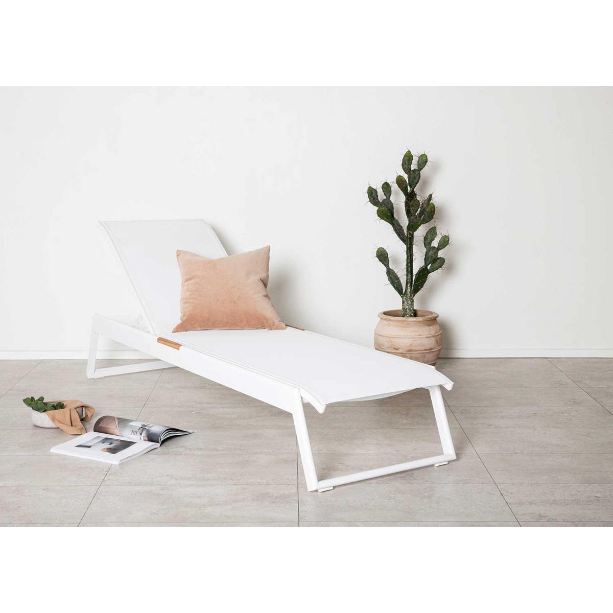 Lot de 2 chaises longues de jardin blanche avec détail en teck