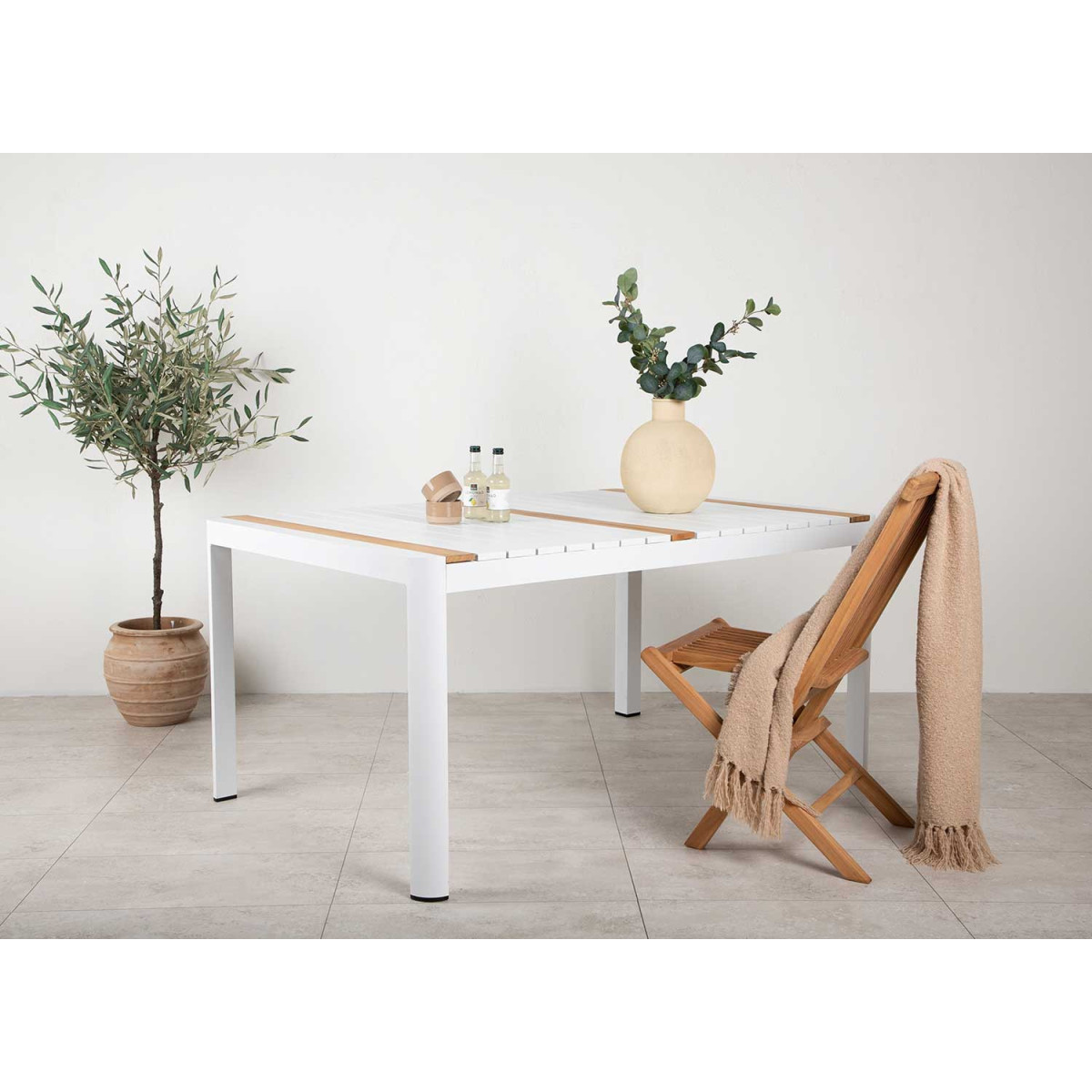 Table d'extérieur 150 cm teck et aluminium blanc