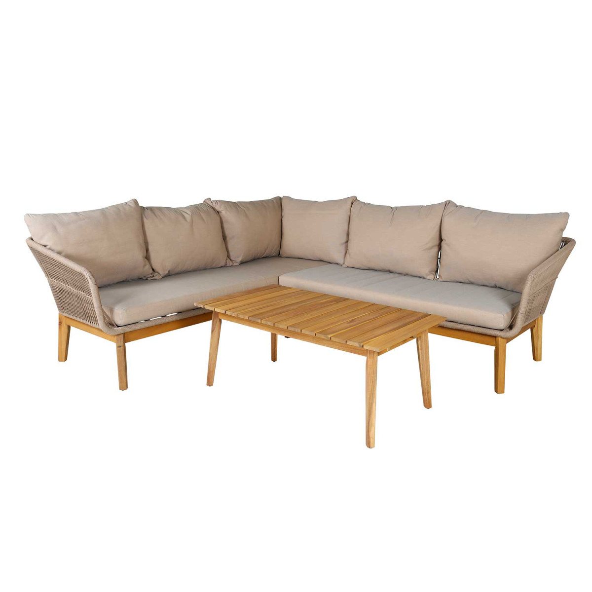 Salon de jardin d'angle beige et bois d'acacia