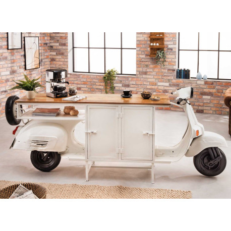 Meuble bar scooter blanc et bois avec rangements