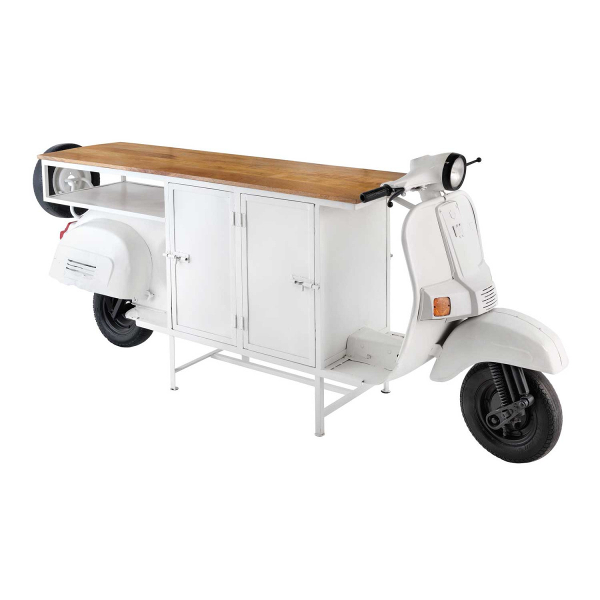 Meuble bar scooter blanc et bois avec rangements