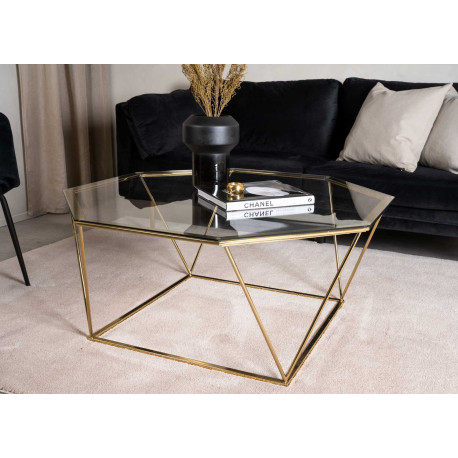 Table basse de salon octogonale verre et métal doré