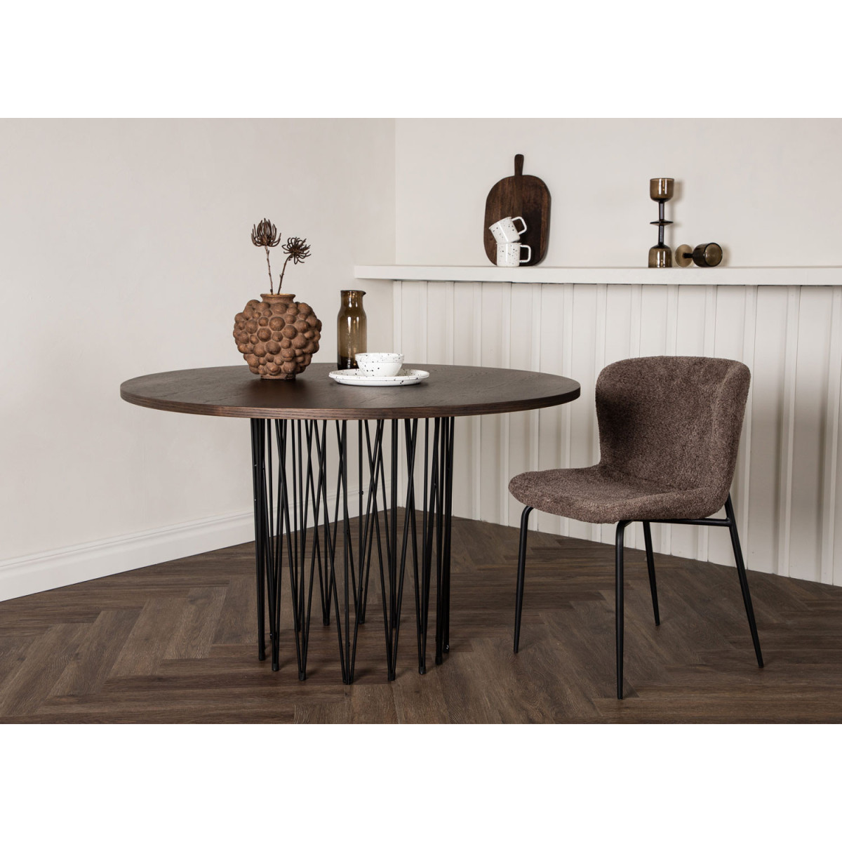 Table à manger ronde 120 cm bois foncé et métal noir