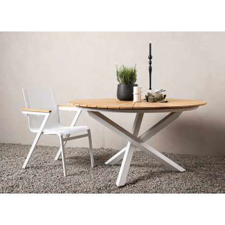 Table de jardin ronde 140 cm bois de teck et aluminium blanc