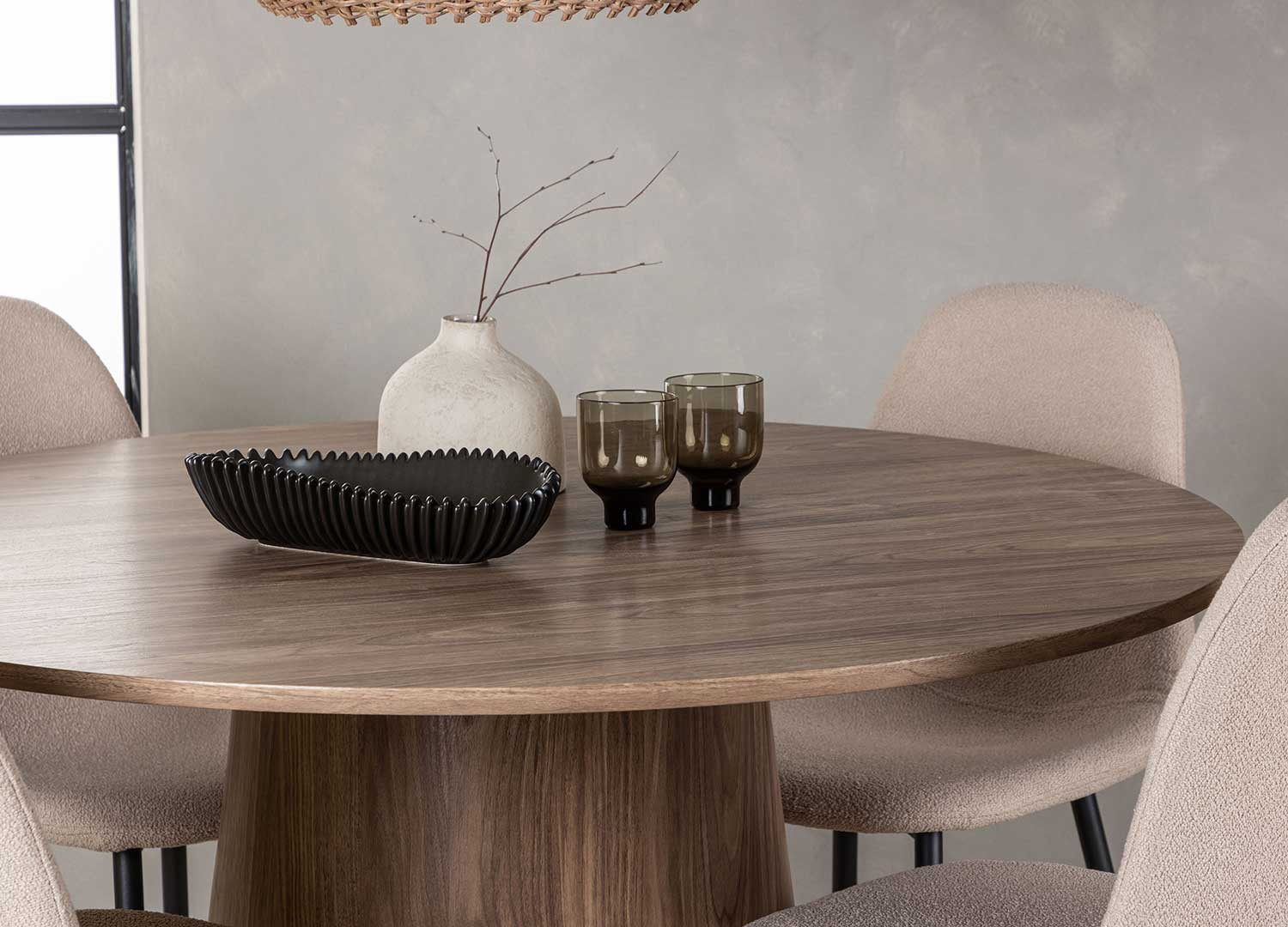 Table à Manger Ronde Oviala - Plateau Verre Trempé, Pieds En Chêne Blanc - Pour 6 Personnes