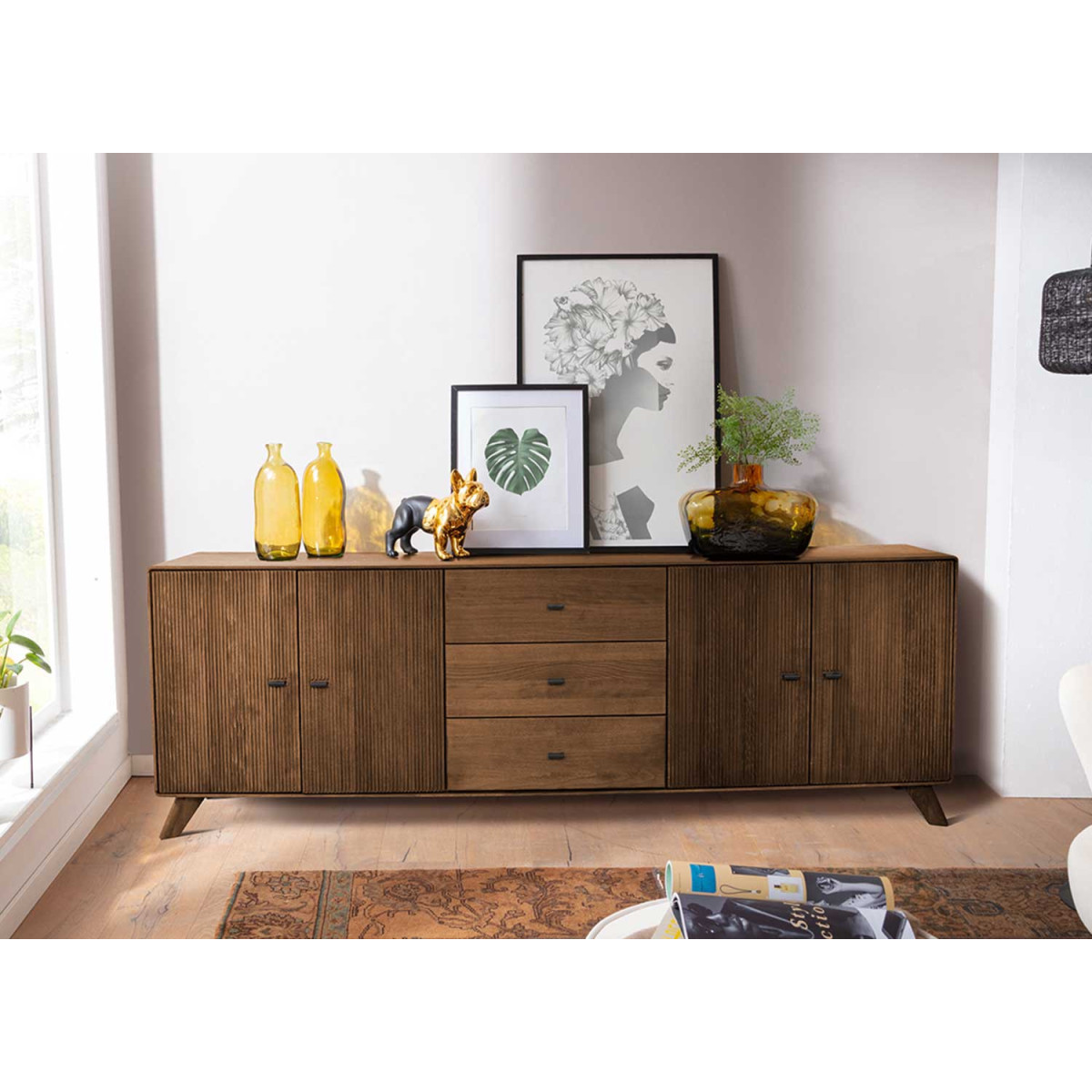 Buffet 4 portes et 3 tiroirs bois massif foncé 220 cm