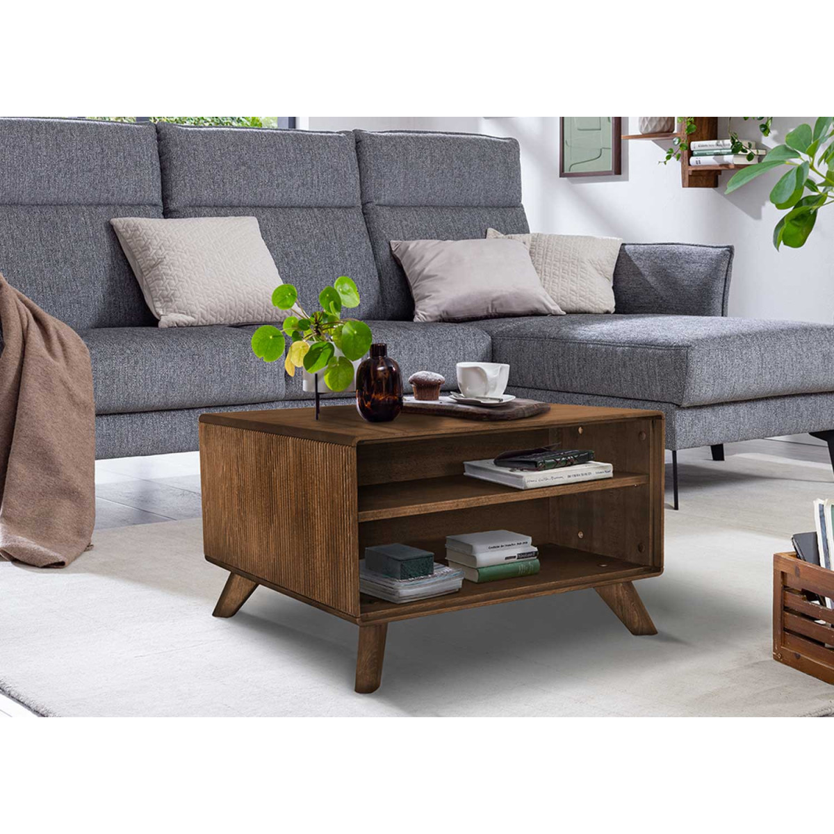 Table basse carrée 70 cm bois massif foncé