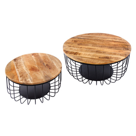 Lot de 2 tables basse rondes bois de manguier et métal