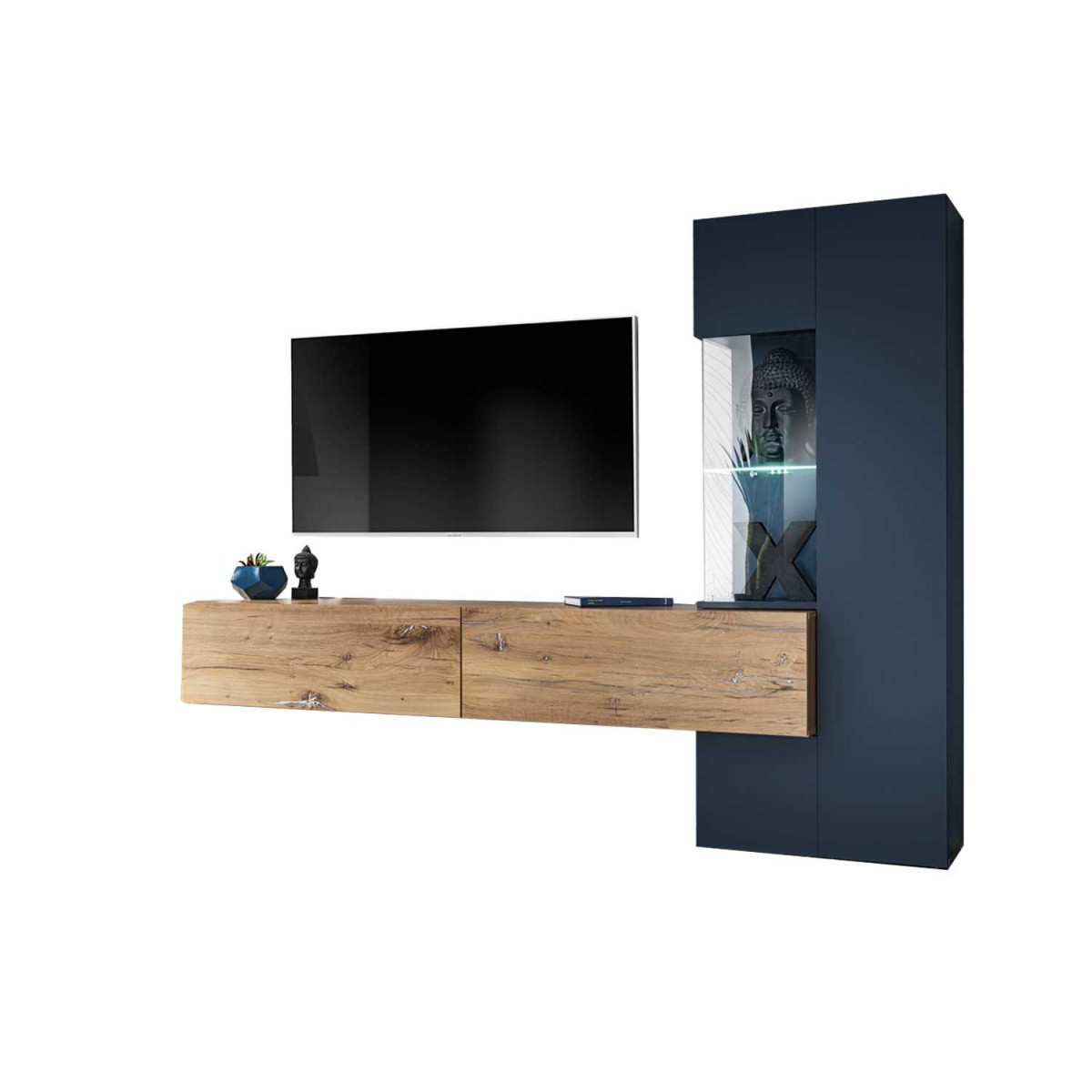 Meuble tv mural moderne chêne et bleu foncé