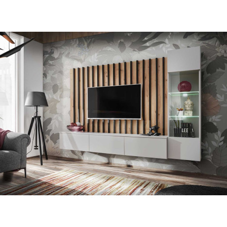 Meuble TV mural blanc et bois pour salon