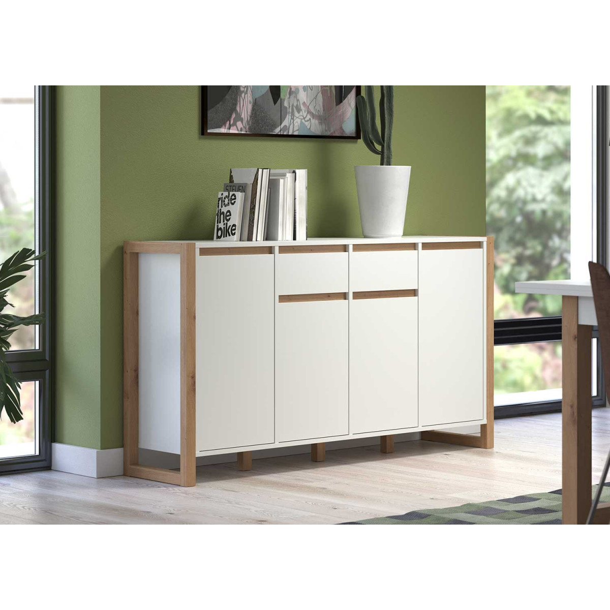 Buffet 147 cm blanc et chêne artisan
