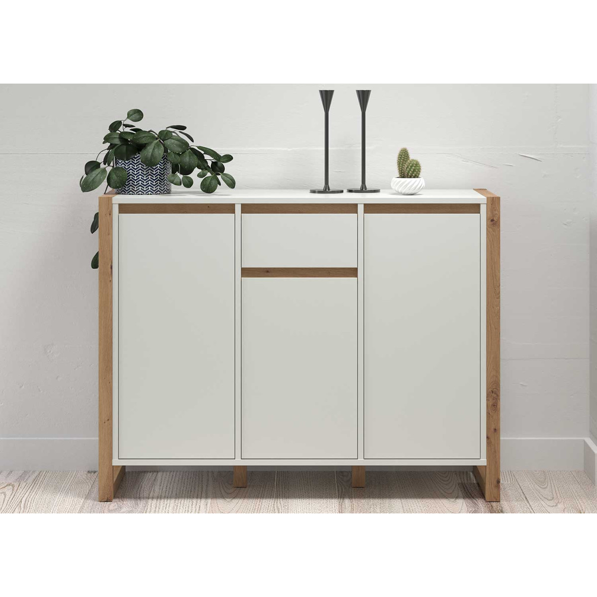 Buffet 113 cm blanc et chêne artisan