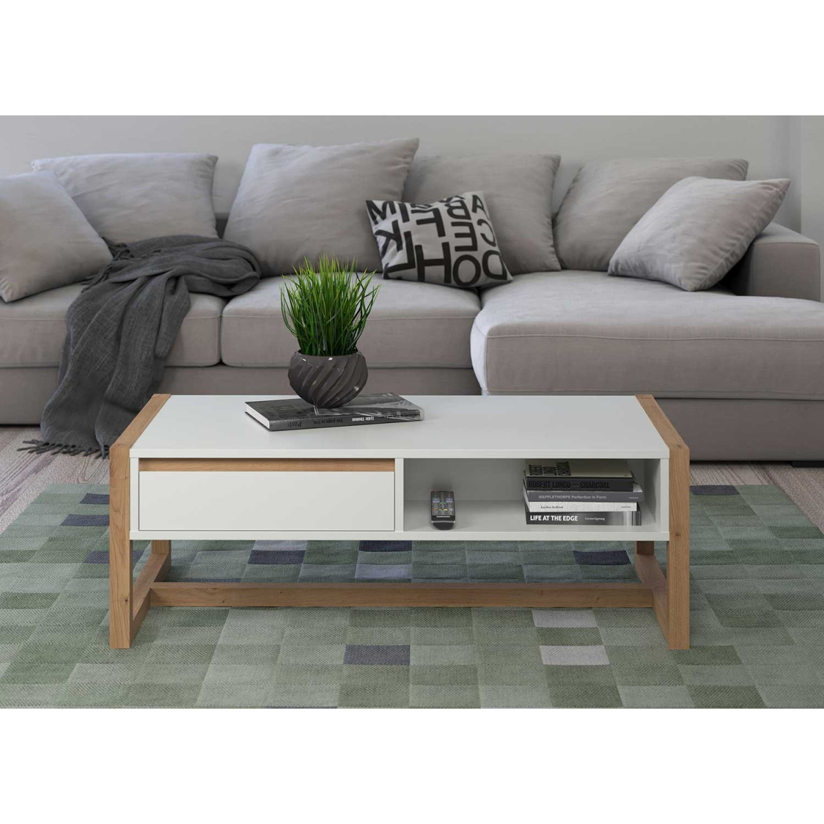 Table basse rectangulaire 110 cm blanc et chêne artisan