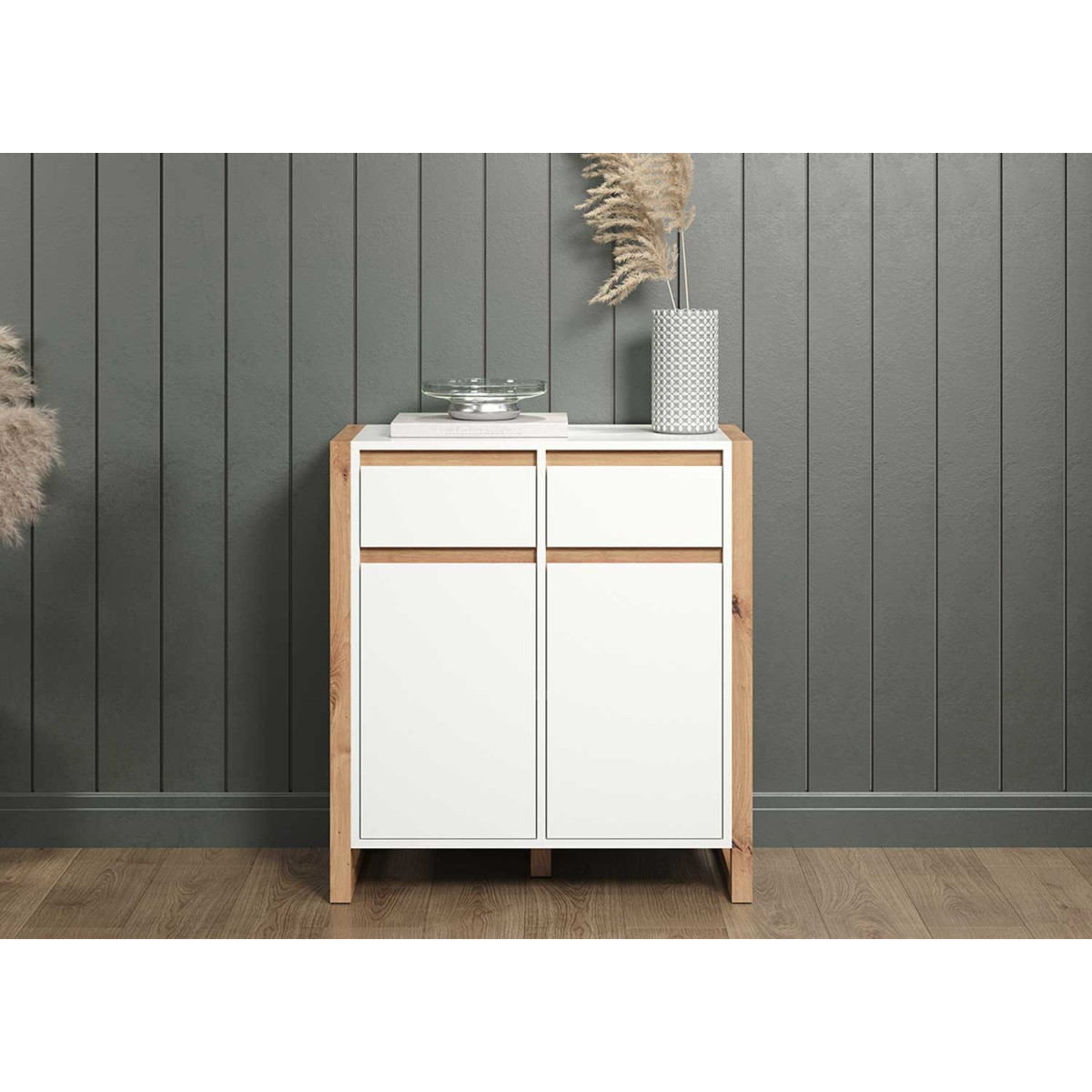 Commode 2 portes 2 tiroirs blanc et chêne artisan