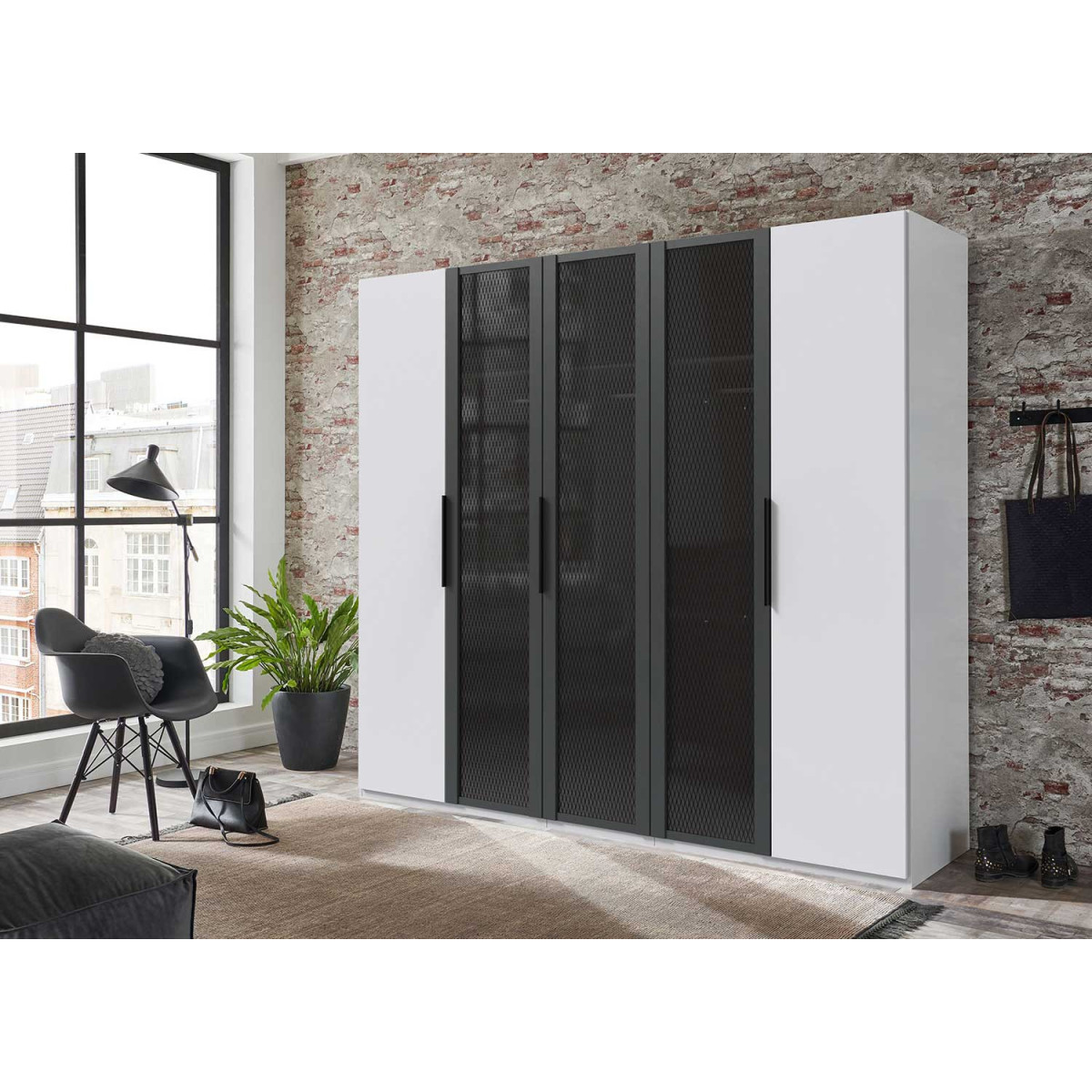 Armoire penderie 5 portes blanche et verre sérigraphié gris