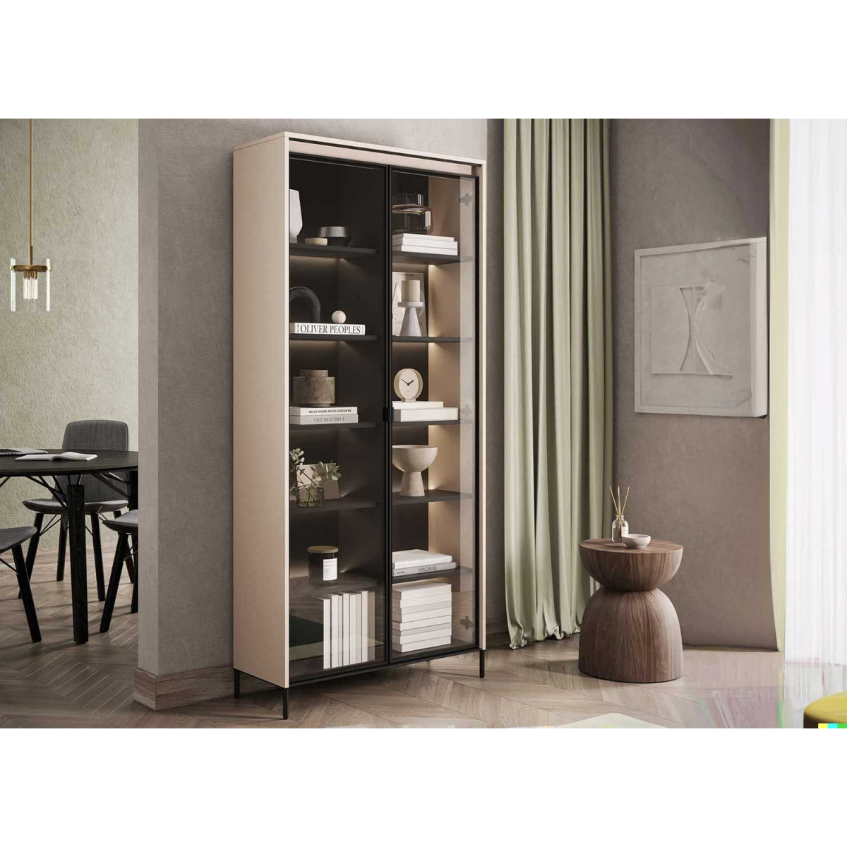 Grande vitrine 2 portes vitrées beige sable avec éclairage