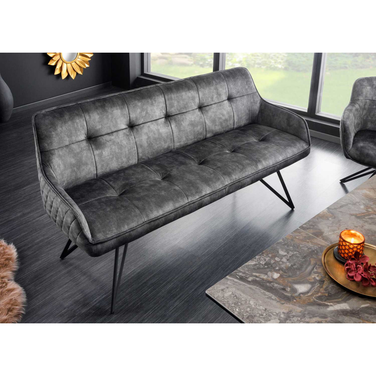 Banc design en velours gris foncé