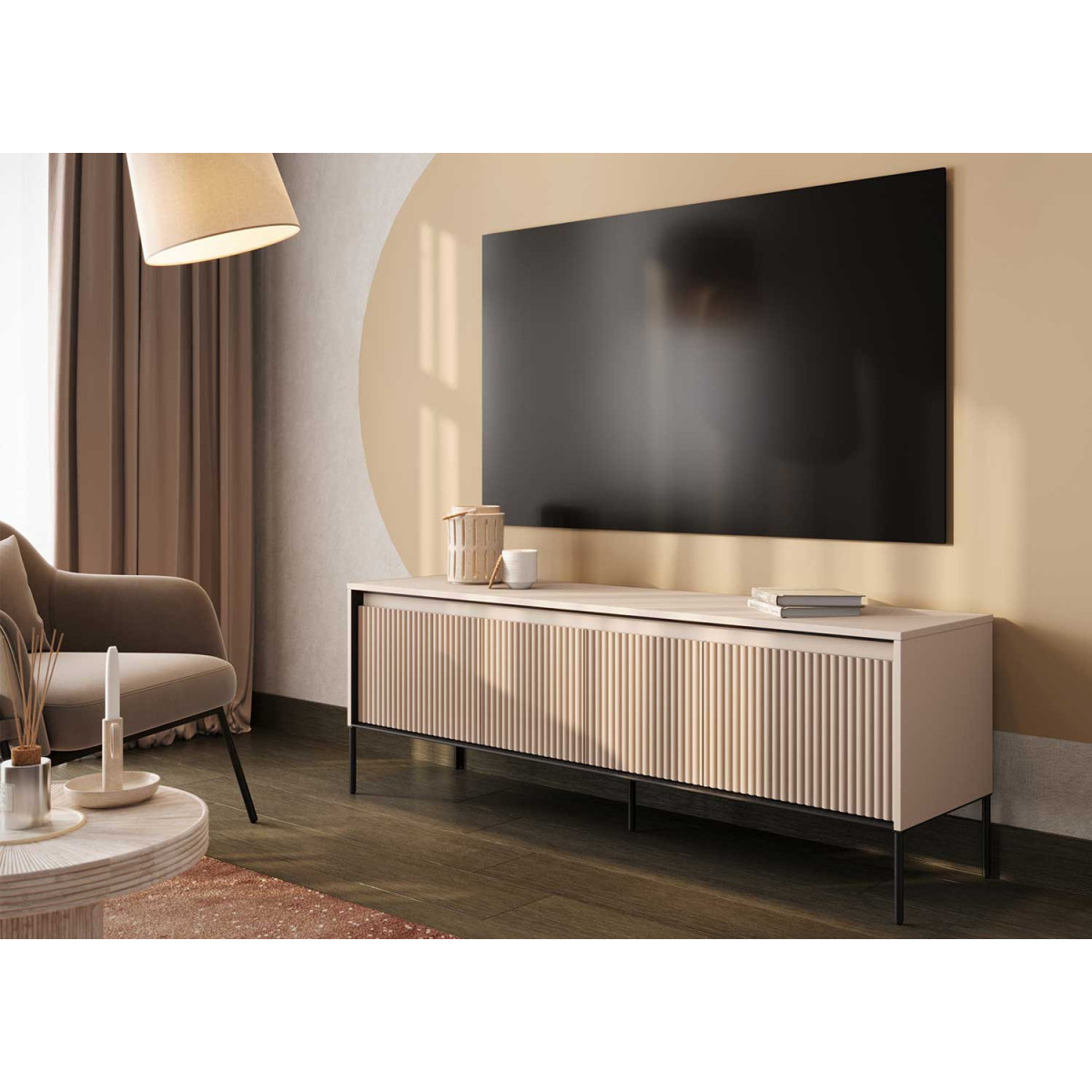 Meuble TV 4 portes beige sable 167 cm