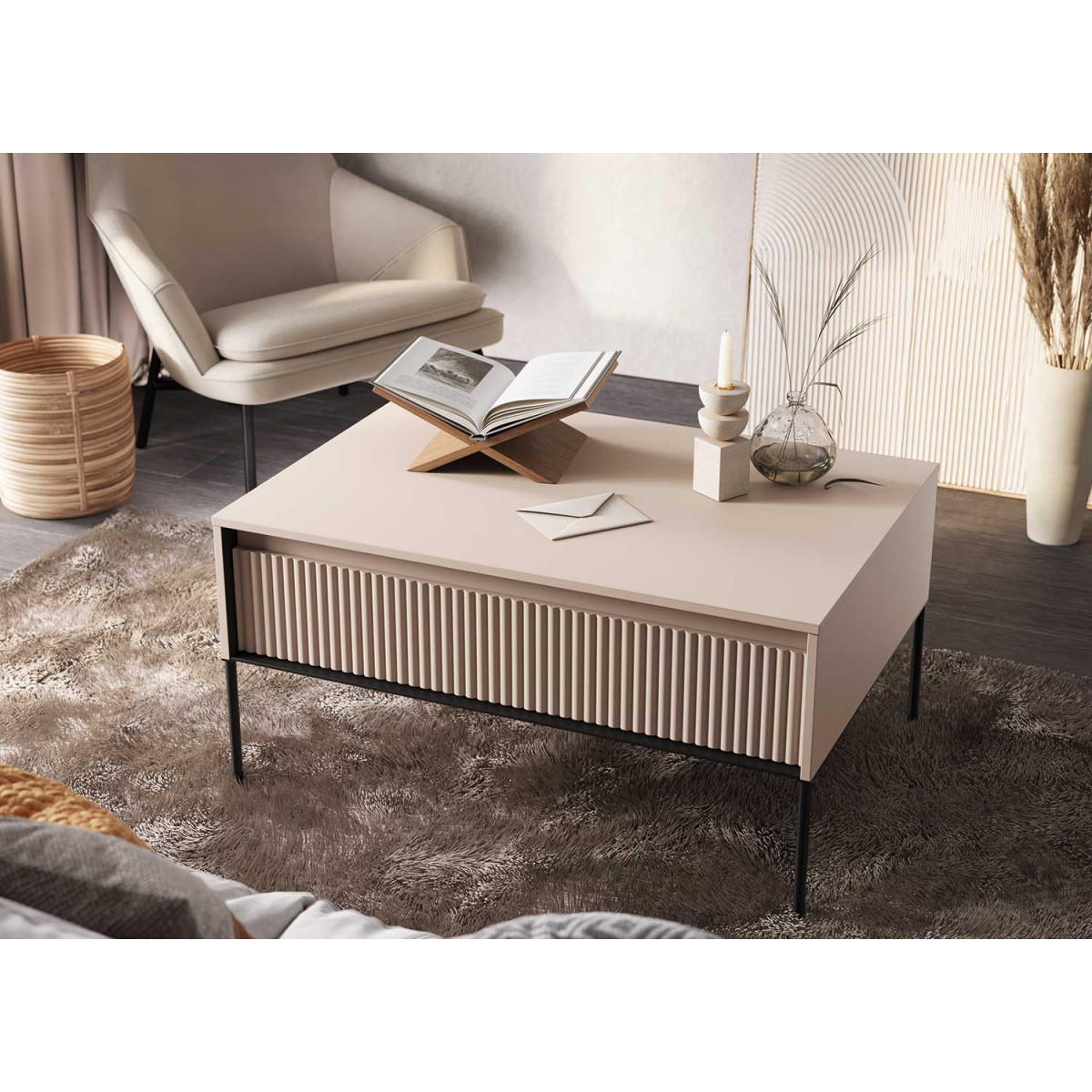 Table basse rectangulaire 1 porte beige sable