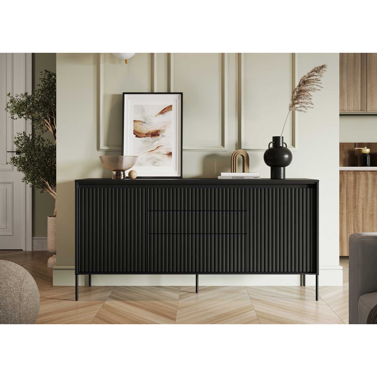 Buffet 2 portes et 3 tiroirs noir 166 cm