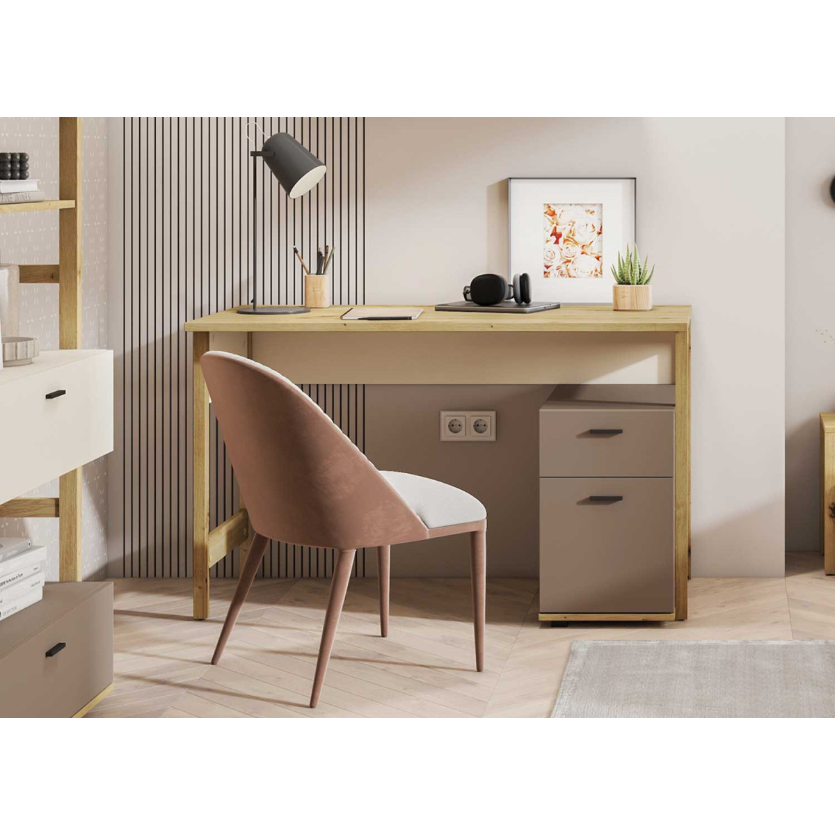 Bureau beige et taupe avec caisson de rangement