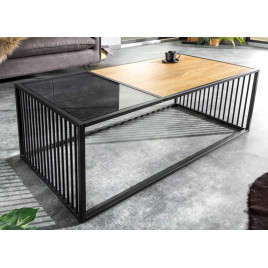 Table basse rectangulaire bois et verre fumé avec pieds en métal ajouré