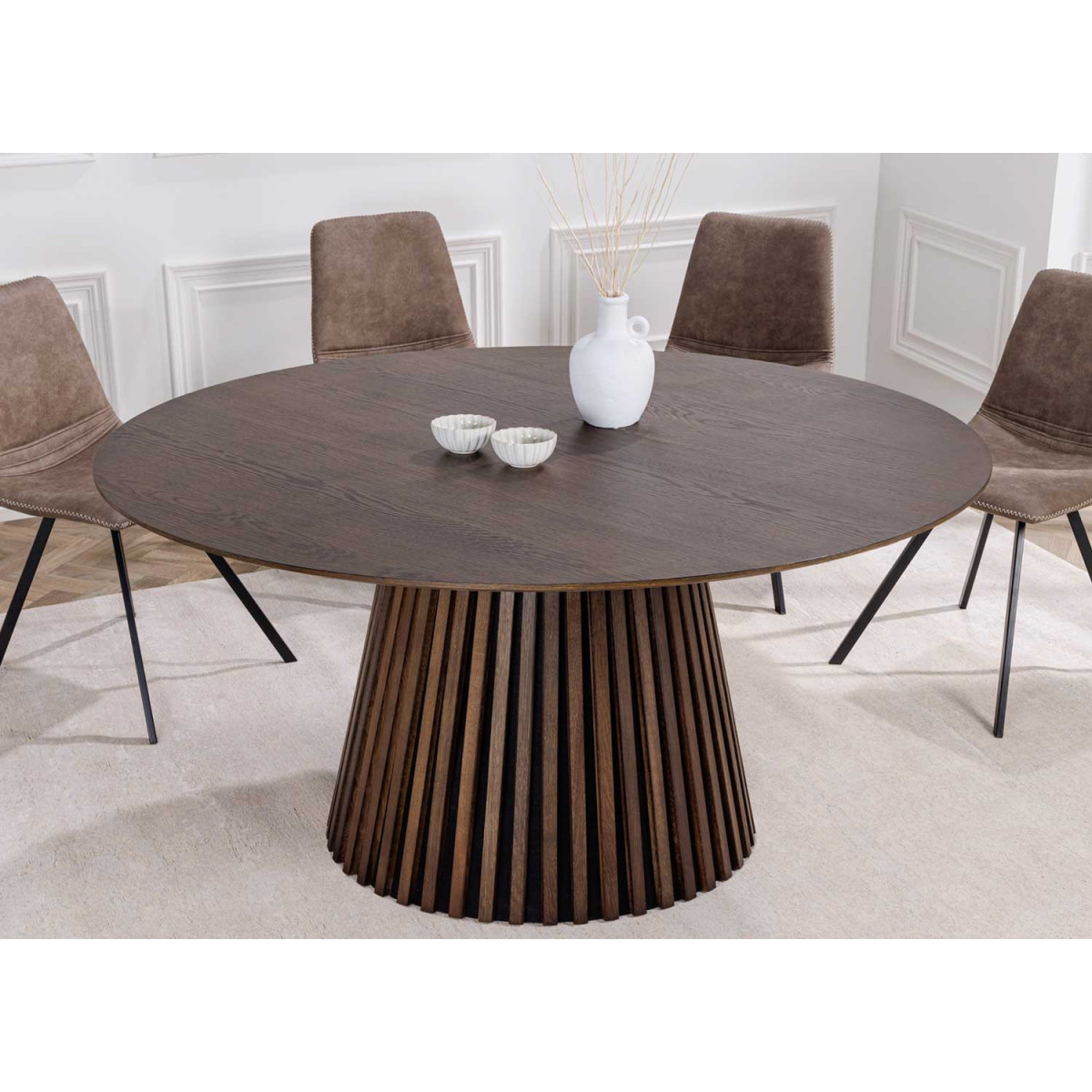 Table à manger ronde en bois chêne foncé 120 cm