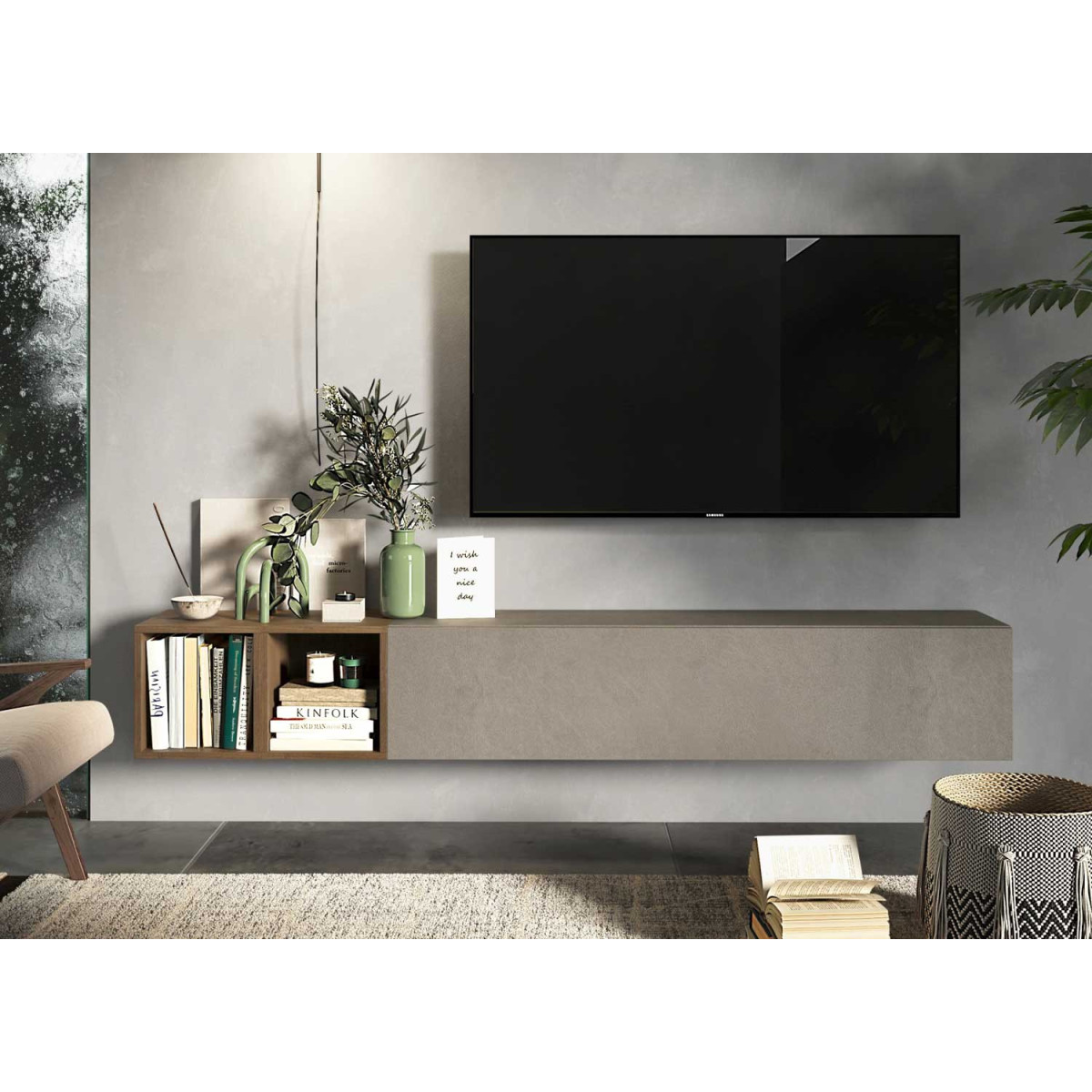 Meuble tv suspendu 1 porte 2 niches 194 cm