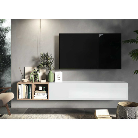 Meuble télé suspendu 1 porte 2 niches 194 cm