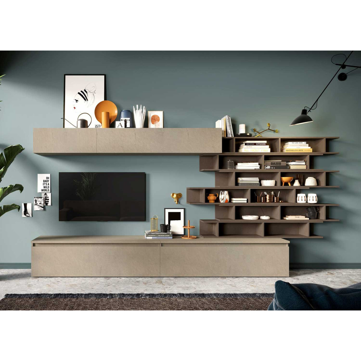 Meuble tv mural design 345 cm avec étagères de rangement