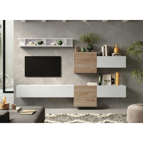 Meuble tv blanc et bois suspendu 262 cm