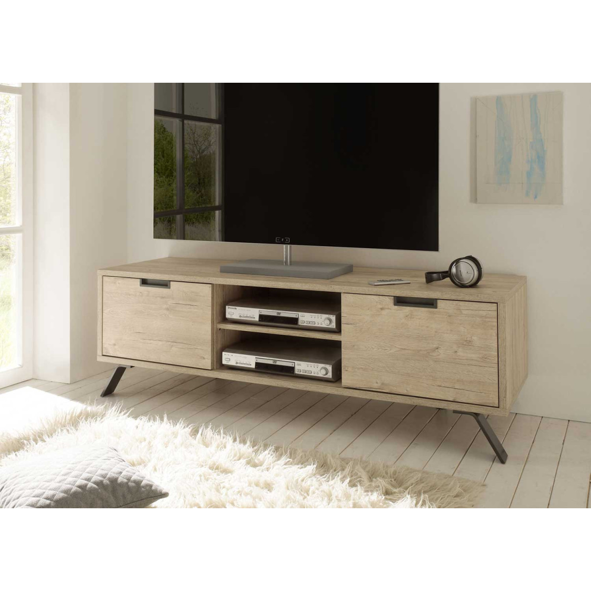 Meuble tv 2 portes et 2 niches chêne 156 cm