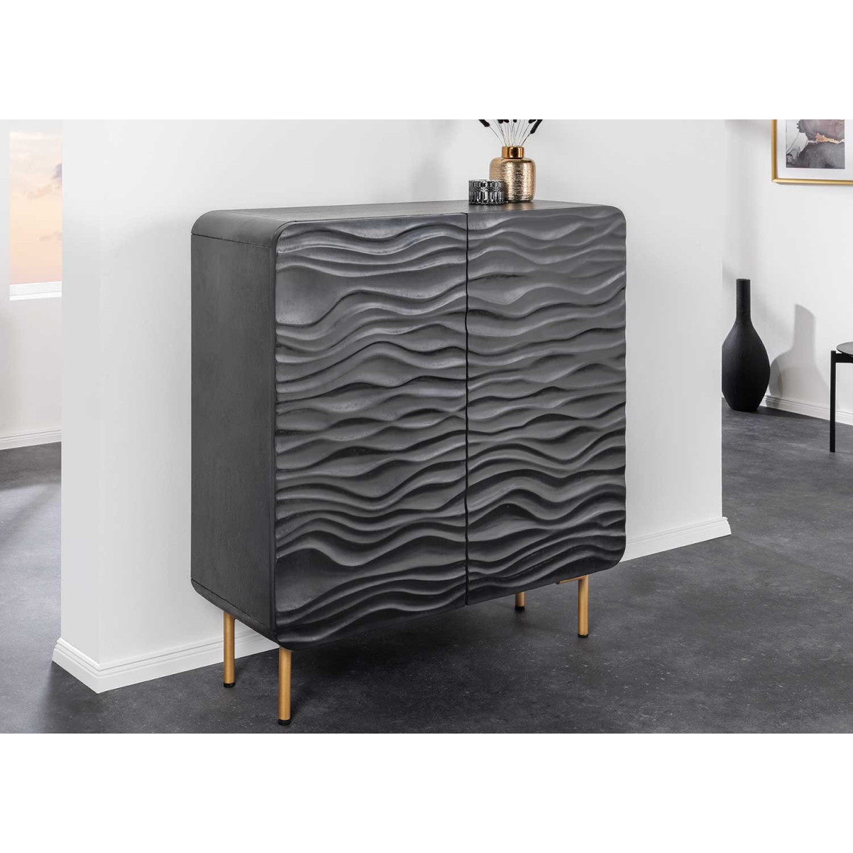 Buffet haut 2 portes noir et doré