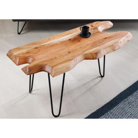 Table basse originale bois d'acacia et pied épingle en métal noir