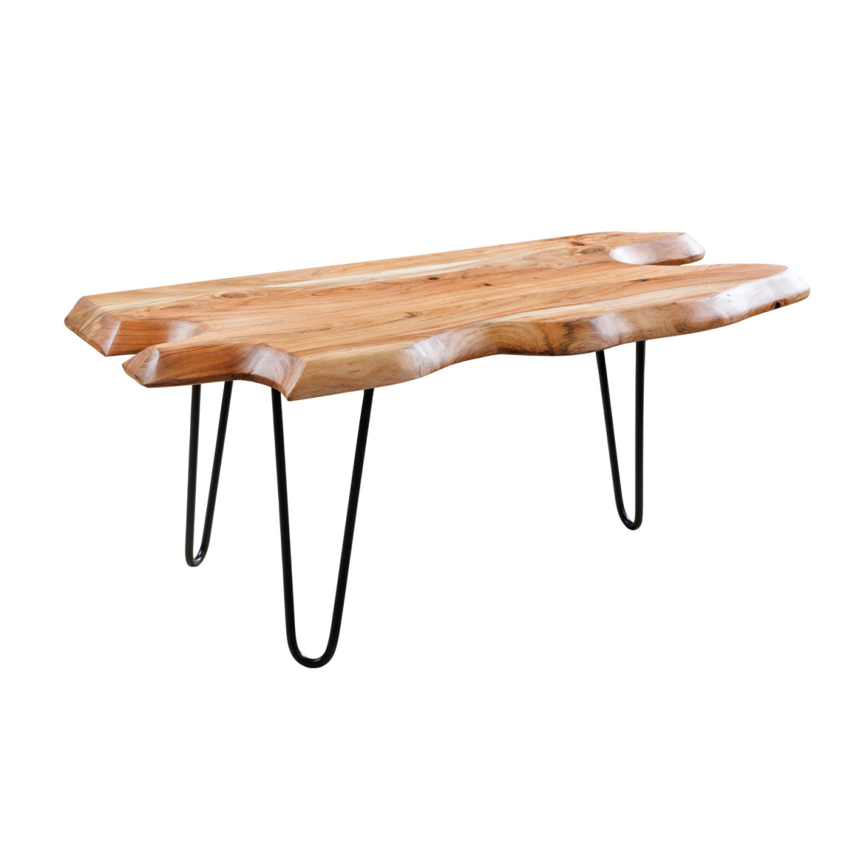 Table basse originale bois d'acacia et pied épingle en métal noir